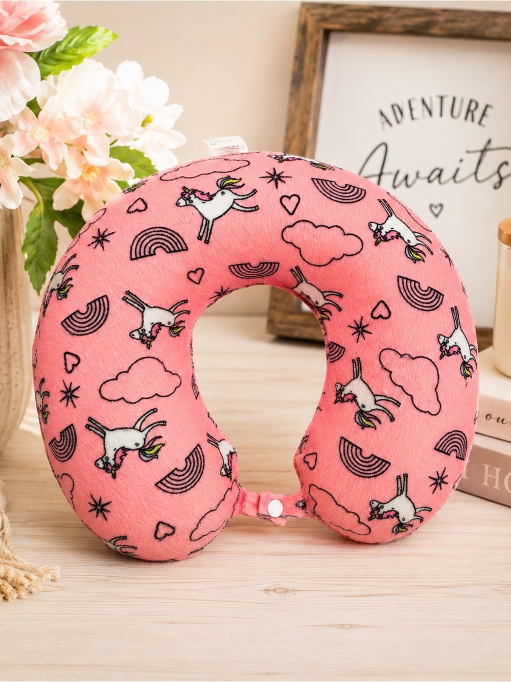 Mystic Apparel Pink Unicorn Rainbow Travel Neck Pillow Plush Foam Cushion